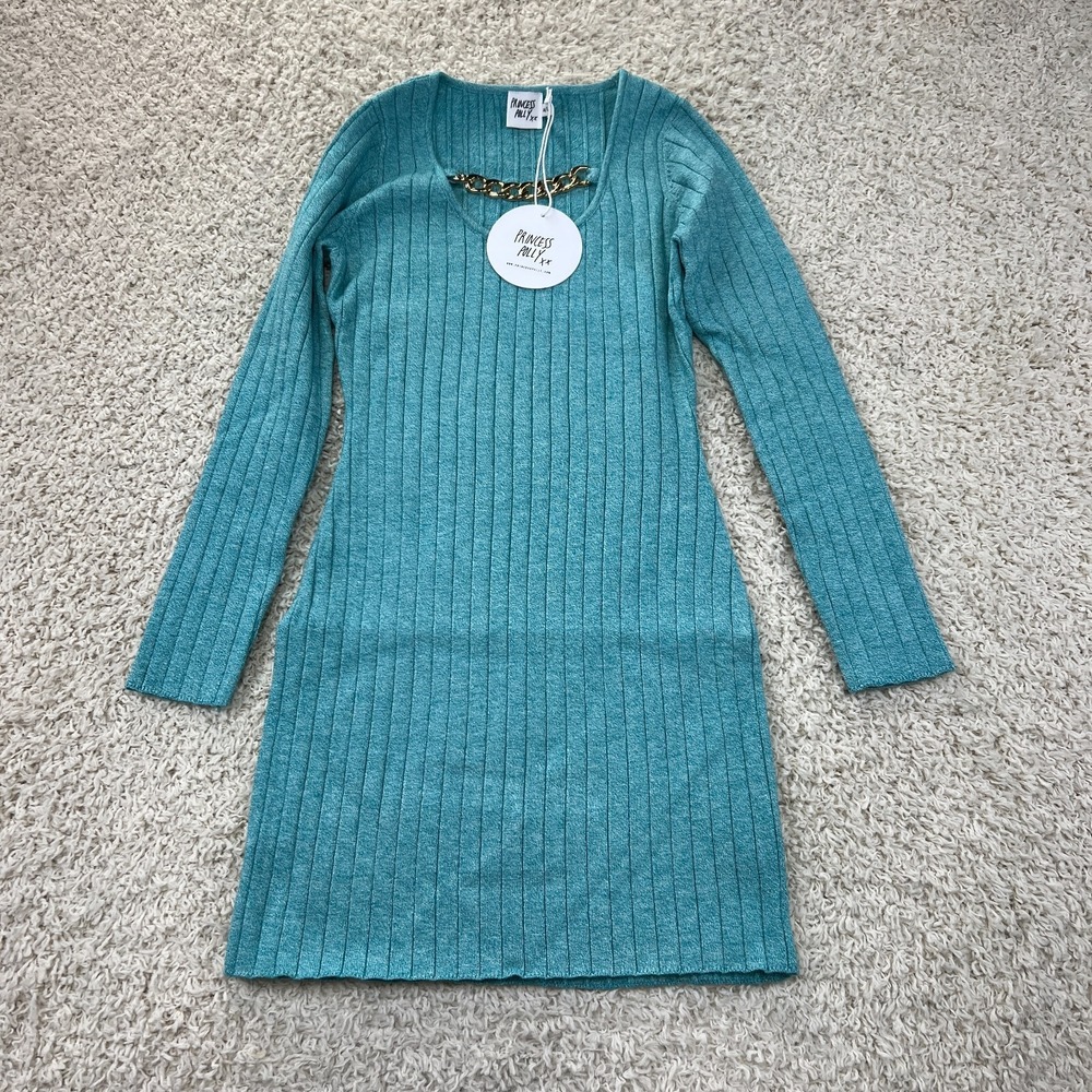 Princess‎ Polly Mini Dress Womens M / L Teal Shanti Long Sleeve Sweater Chain